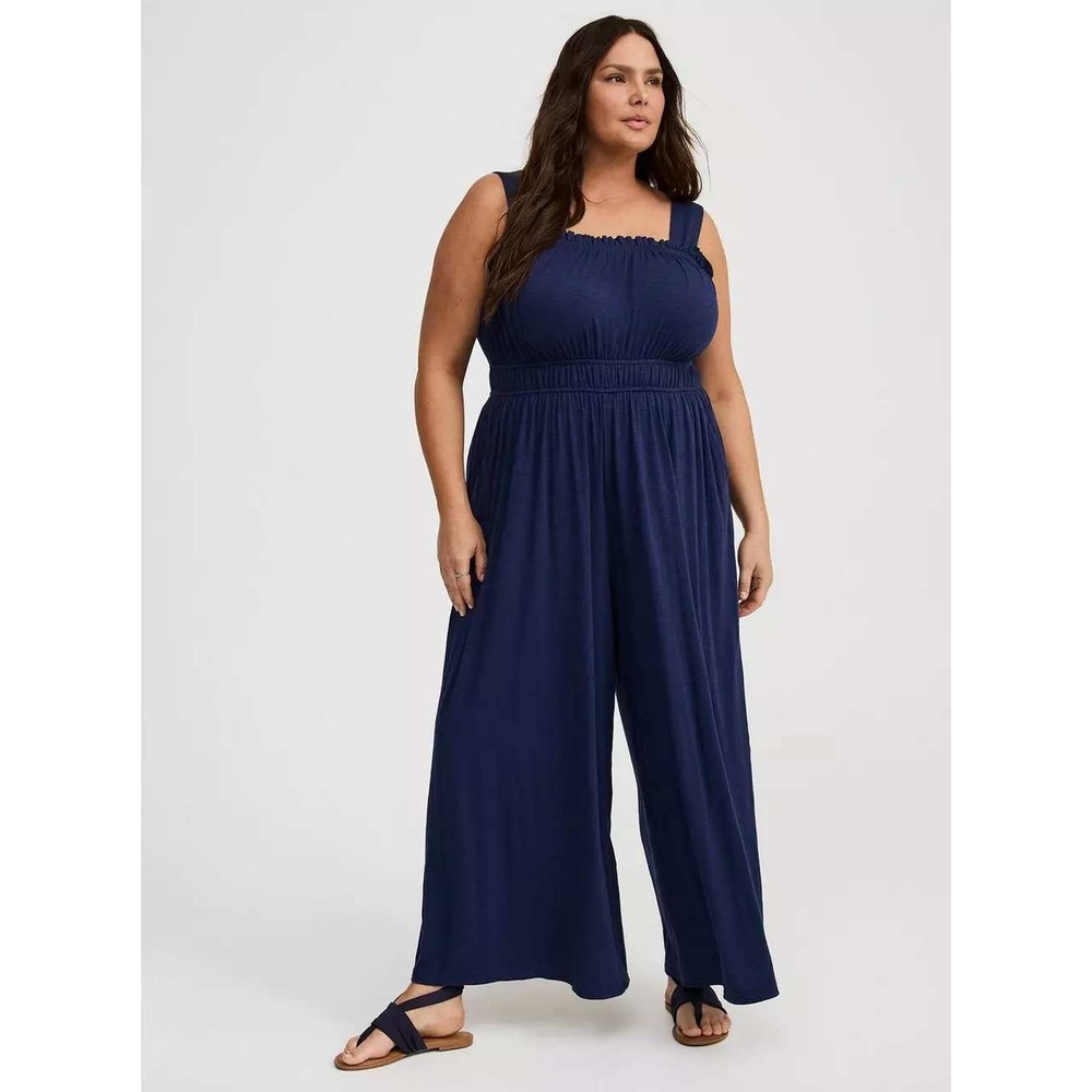 Torrid Jumpsuit Womens 0 Navy Blue Wide Leg Smocked Waist Ruffle Cotton Blend